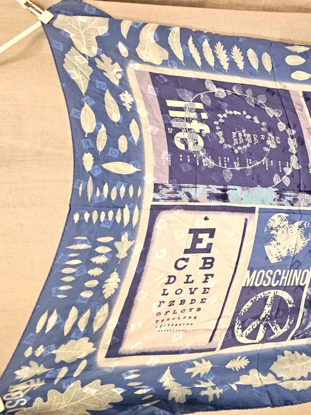 Moschino Larioseta eye chart peace sign 1990s scarf in shades of blue M mllenry